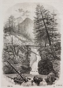 Suspension bridge over the Pyrenees mountains, Spain. Lithograph by Salvatore Puglia from Poliorama Pittoresco by Salvatore Puglia