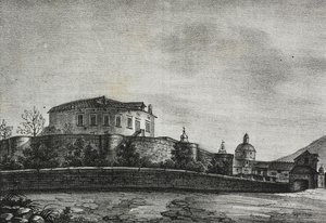 View of castle of Acerra, Campania, Italy, lithograph by Salvatore Puglia from Poliorama Pittoresco