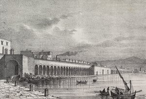 View of railway at Torre Annunziata, Campania, Italy, lithograph by Gaetano Riccio from Poliorama Pittoresco by Salvatore Puglia
