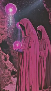 Hooded Figures Pink Orbs by Samantha Hearn