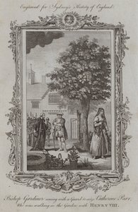Bishop Gardiner coming with a Guard to seize Catherine Parr, who was walking in the Garden with Henry VIII