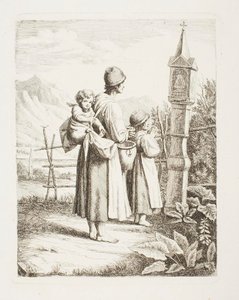 Beggar Woman with Two Children Standing in Front of a Madonna Picture on Their Way to Tyrol by Samuel Amsler