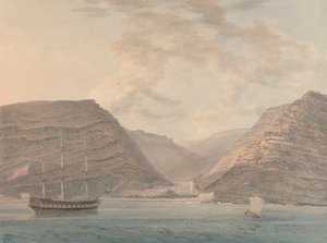Man of War Moored in Harbor, Mountains in the Background by Samuel Davis