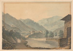 Mountainous Scene with Buildings and River