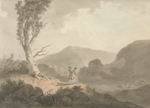 Two Men with Telescope Looking Across A River