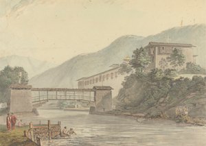 View of Tashichoedzong, Bhutan and Foot Bridge by Samuel Davis
