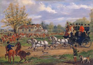 Stage Coach passing a meet outside an Inn by Samuel Henry Alken