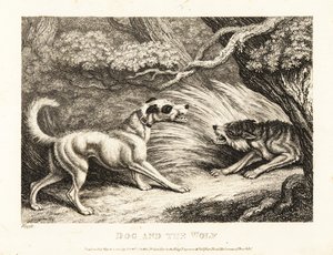 A House Dog in a Collar Offers Food to a Starving Wolf by Samuel Howitt