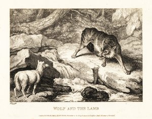 A wolf trying to justify killing a lamb near a river by Samuel Howitt