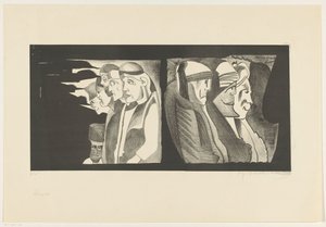 Two groups of figures with their backs to each other