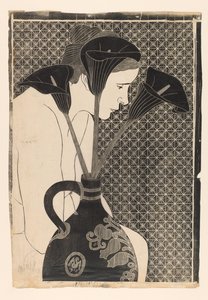 Female nude behind vase with calla lilies