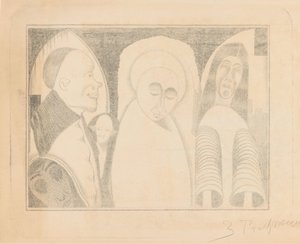 Fantasy: various figures, the rightmost with sleeves like tubes