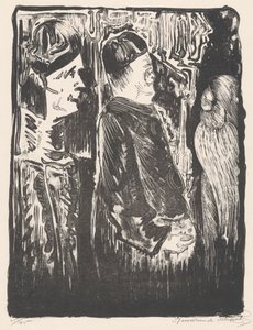 Fantasy: Two Figures with Hats on the Left, an Engraved Appearance with Feathered Cloak on the Right