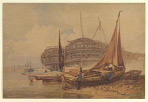 Coastal Scene with Beached Boats in Foreground by Samuel Prout