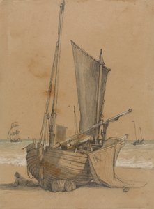 Fishing Boat on the Beach with a Brig at Sea by Samuel Prout
