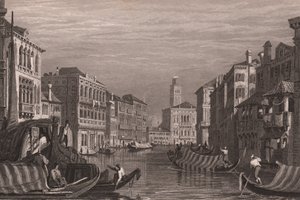 Gondolas on Grand Canal, Venice, Italy, steel engraving after drawing by Samuel Prout by Samuel Prout