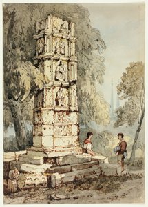 Two Figures Beside Medieval Ruins, with Church in Distance