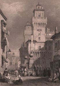 View of Castello Estense, Ferrara, Emilia-Romagna, Italy, Steel Engraving by John Godfrey after Drawing by Samuel Prout, Published by Blackie and Son by Samuel Prout