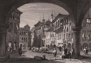 View of market square in Domodossola, Piedmont, Italy (engraving)