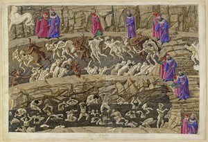 The Divine Comedy, Inferno XVIII. Virgil and Dante in the Eighth Circle of Hell (Malebolge), 1st and 2nd Bolgia: Punishment of the Panderers and Seducers, the Flatterers and Whores by Sandro Botticelli