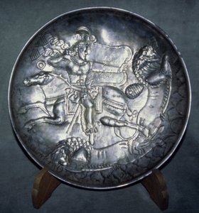 Dish depicting King Ardashir II (r.379-86), from Sari, Mazandaran, c. AD 380 by Sasanian School