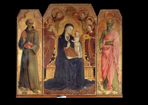 The Virgin and the Child Surrounded by Six Angels. Around: Saint Anthony of Padua and Saint John the Evangelist. Altarpiece by Stefano di Giovanni Sassetta (1392-1450)