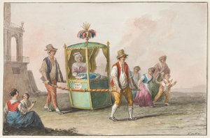 Watercolor; A Midwife with a Baby on the Way to Church for Christening