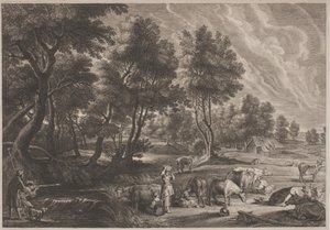Farm Landscape with Hunters and Milkmaids by Schelte Adams Bolswert, after Sir Peter Paul Rubens