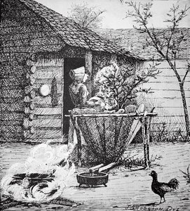 Farm scene - a woman at a washing vat, after an illustration by J. S. Hodgson by School American
