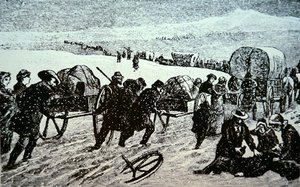 Mormon wagon train in a blizzard heading for Salt Lake City, Utah