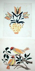 Vase of Tulips and Two Birds in a Tree