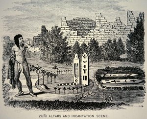 Zuni Tribesman blowing pollen over a Pueblo shrine (engraving)