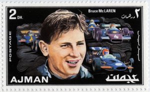 Emirates Arab Units stamp representing New Zealand car driver Bruce McLaren (1937-1970) by School Arabic