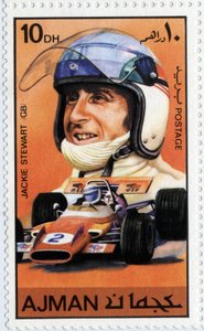 Emirates Arab Units stamp representing Scottish car driver Jackie Stewart (1939) by School Arabic