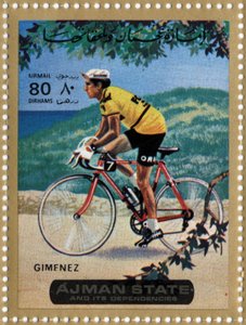 UAE stamp representing cyclist Julio Jimenez (1934) by School Arabic