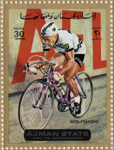 UAE stamp representing cyclist Rolf Wolfshohl (1938) by School Arabic