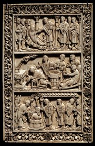 Carolingian Art: miracle of the Holy Bulb, ivory diptych depicting at the top, the resurrection of a young girl, in the centre a sick baptism, at the bottom the baptism of Clovis I (466-511) in the presence of Queen Clothilde on 25/12/498. 9th century. Ami
