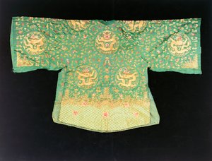 A Chinese Dragon Robe of Olive Green Satin by School Chinese