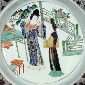 Chinese Art: “Two elegantly styled women” Ceramic plate of the 18th century. Paris, Guimet Museum, National Museum of Asian Arts by School Chinese