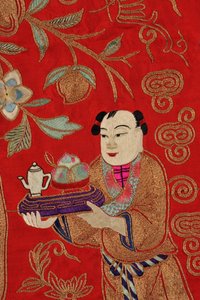 Embroidery depicting a boy bringing tea (detail)