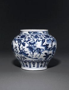 Exceptionally rare and important blue and white jar, Guan Yuan Dynasty, mid 14th century by School Chinese