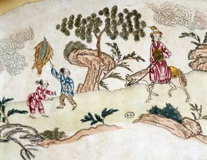 Noble woman on horseback and children playing kite - Chinese print, circa 1800