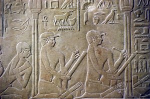 Relief/Carving, Tomb of Merereuka, Mastaba of Merereuka, 6th Dynasty, Saqqara, Village elders forced to admit their faulty tax returns to clerks by School Egyptian