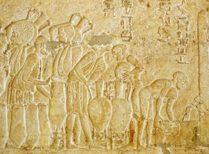 Ancient Egypt, Wall carving, Tomb of Petosiris, 300 BC, Tuna el-Gebel, Collecting and bottling the wine by School Egyptian
