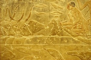 Ancient Egypt, Wall Carving/Painting, Mastaba/Tomb of Idout, Saqqara, 6th Dynasty, Cattle Fording a River, Man Helping a Calf Across a River, Mother Watching by School Egyptian
