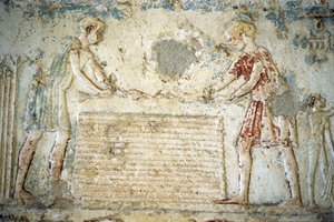 Ancient Egypt, Wall Carving/Painting, Tomb of Petosiris, Tuna el Gebel, 300 BC, The Flax Harvest by School Egyptian