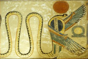 Ancient Egypt, Wall Painting, Tomb of Amon Hir Khopshef, Uraeus and Winged Serpents Guard the Burial Chamber Entrance, 20th Dynasty, Valley of the Queens