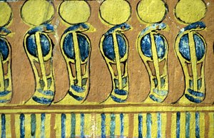 Ancient Egypt, Wall painting, Uraeus serpents guarding the shrine of Osiris, Tomb of Sennedjem, Thebes, Deir el Medna