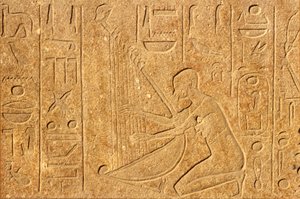 Ancient Egypt, Wall Painting/Carving, Harpist with Head of Hatshepsut at Top of Harp, Karnak Temple, Luxor by School Egyptian