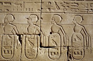 Ancient Egypt, Wall painting/carving, Karnak/Luxor Pylon Six, Part of the lists of tribes of the south and of Syria which were subjugated by Tutmoses III